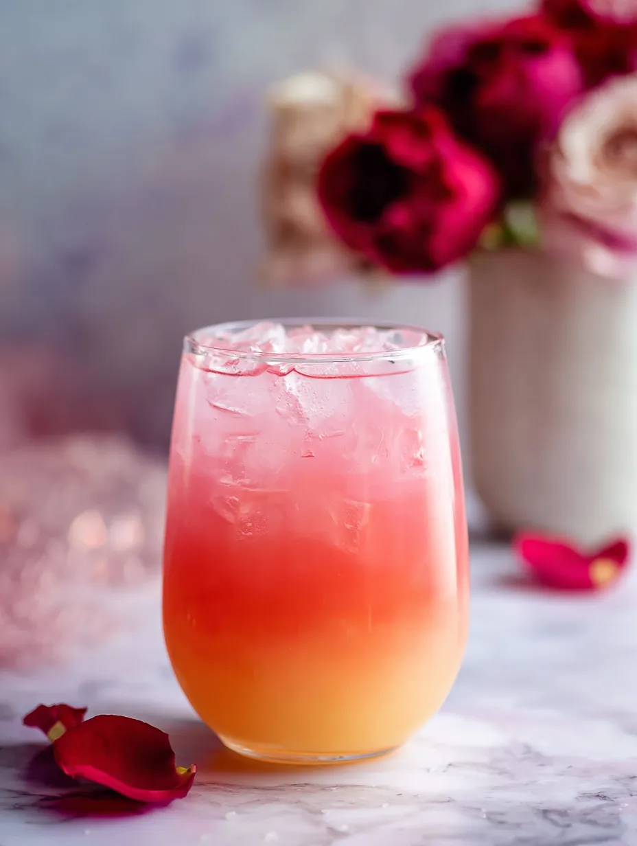 A glass of pink drink with ice.