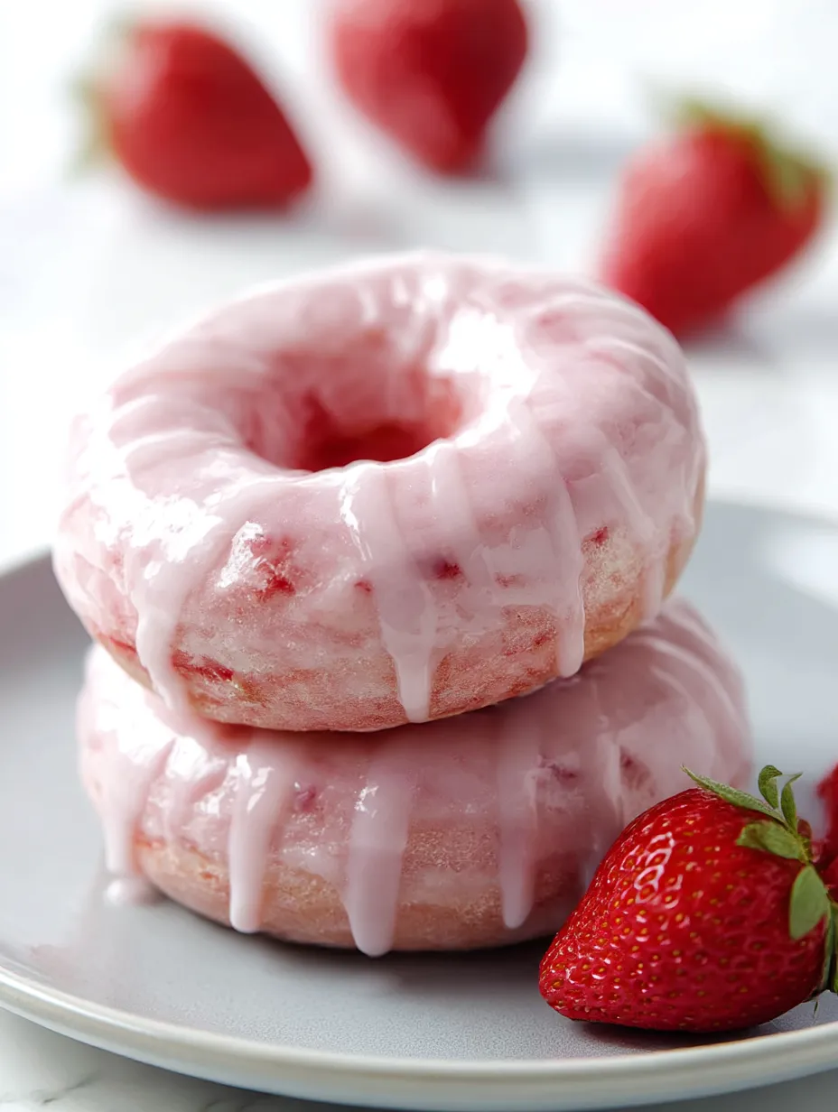 A glazed donut with pink frosting and strawberries.