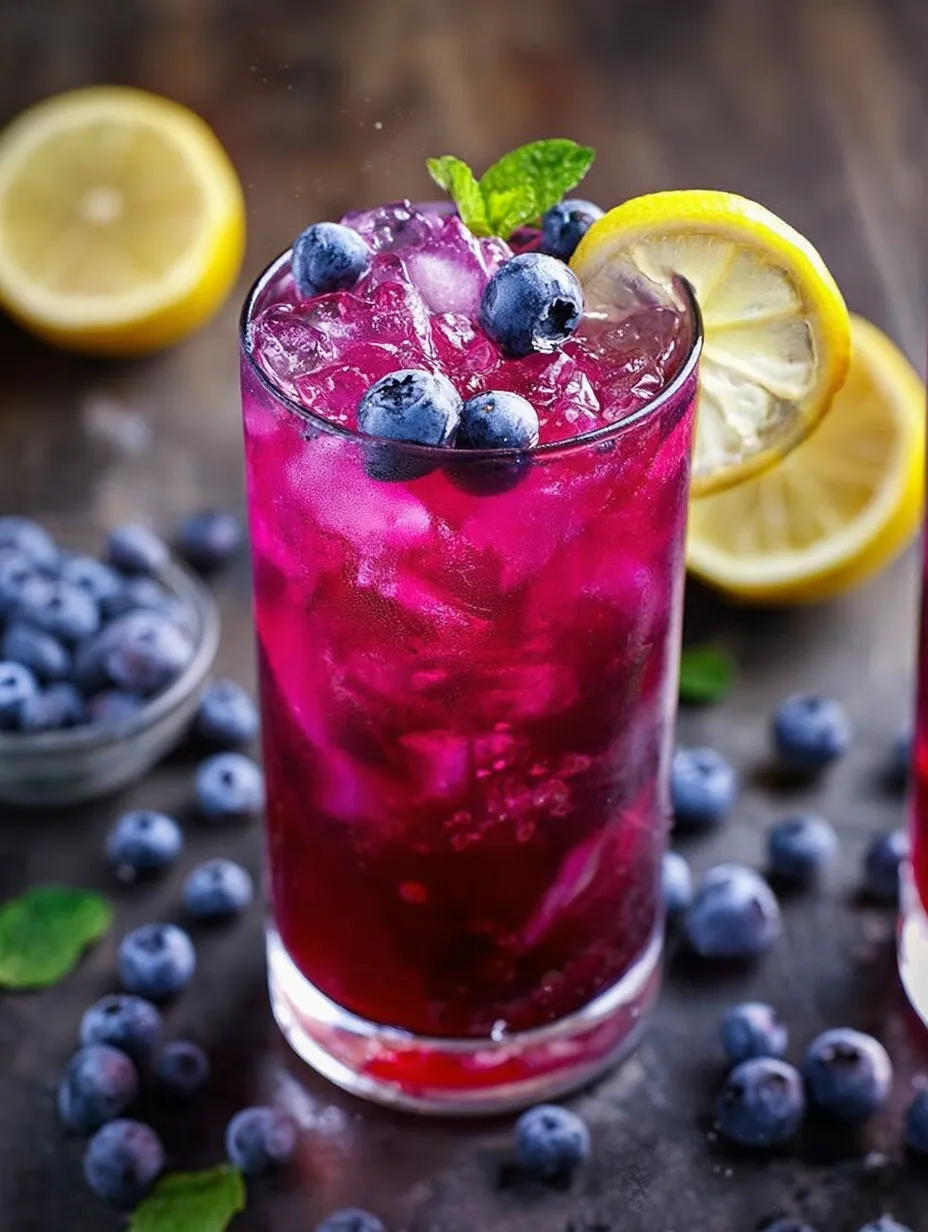A glass of blueberry juice with a lemon wedge.