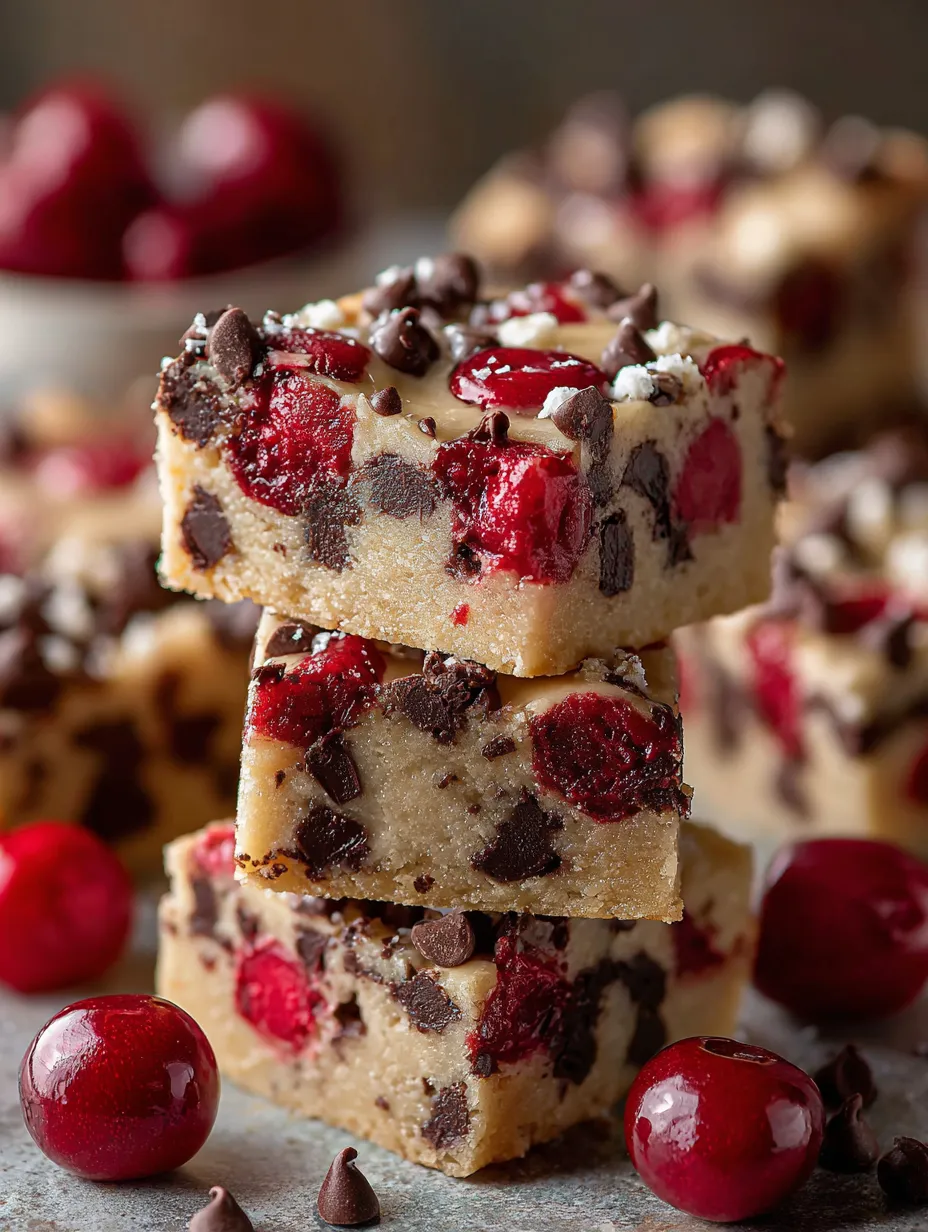 A stack of Chocolate Chip Maraschino Cherry Shortbread Bars.