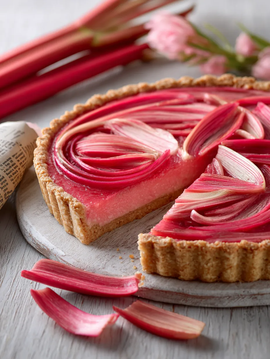 A slice of Rhubarb Tart with Shortbread Crust.