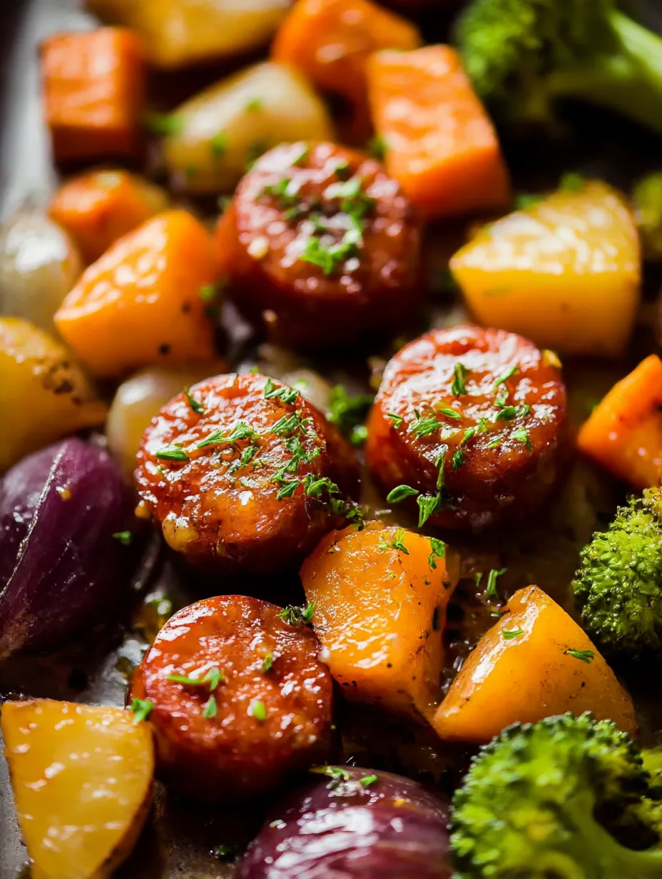 A plate of Sheet Pan Honey Garlic Kielbasa, Potatoes, & Broccoli.