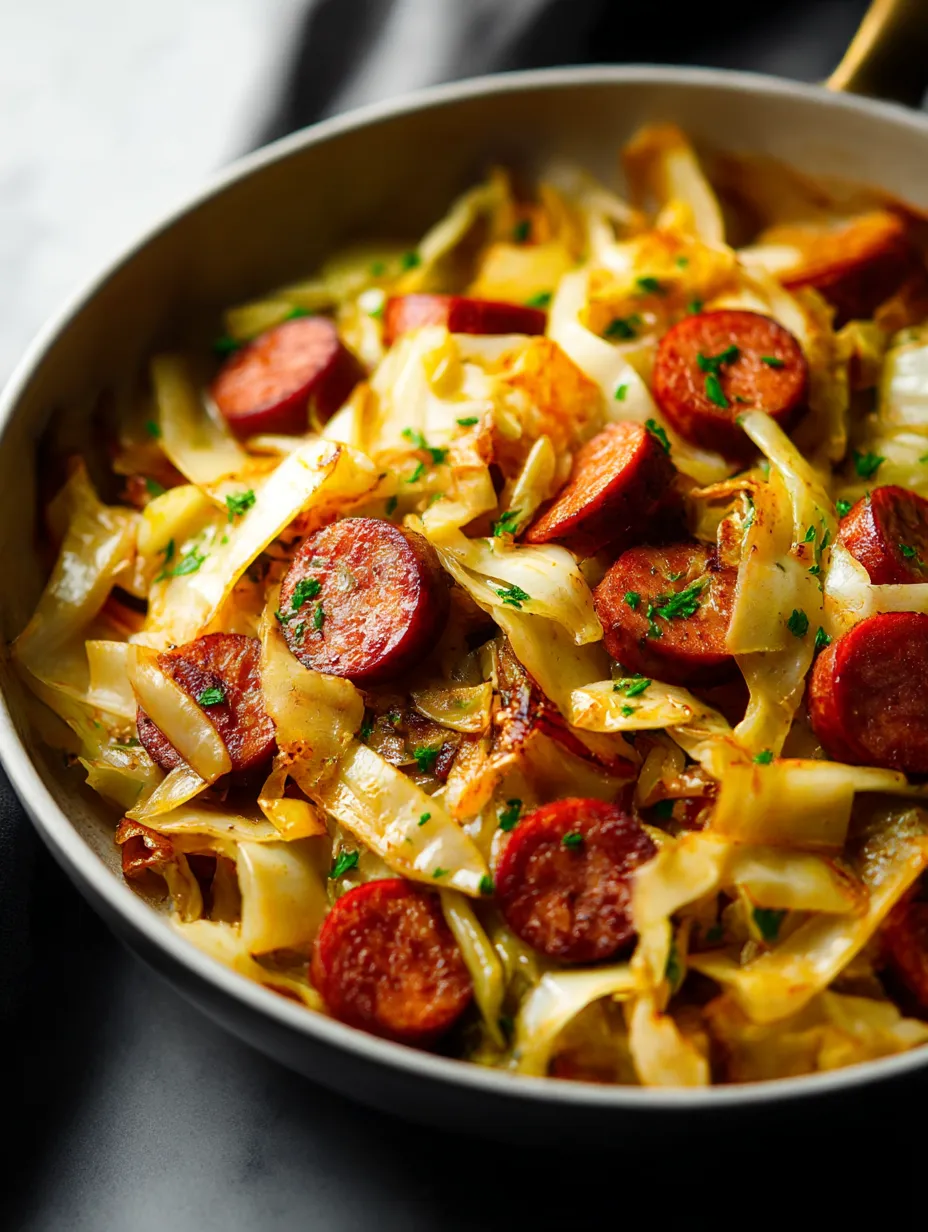 A bowl of Sautéed Cabbage and Kielbasa.