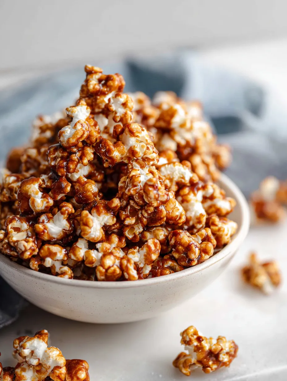 A bowl of popcorn with a drizzle of caramel.