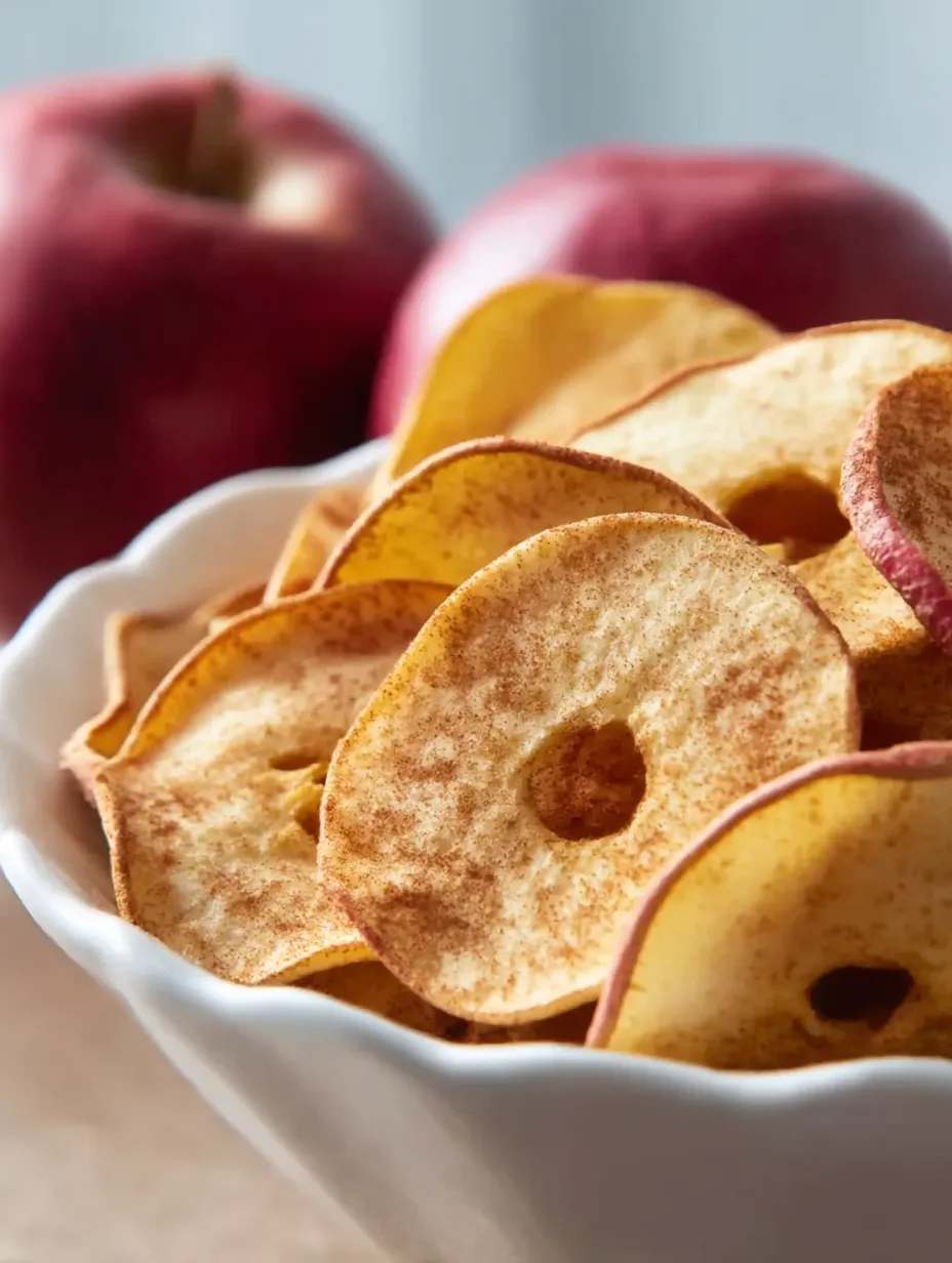 A bowl of cinnamon apple chips.