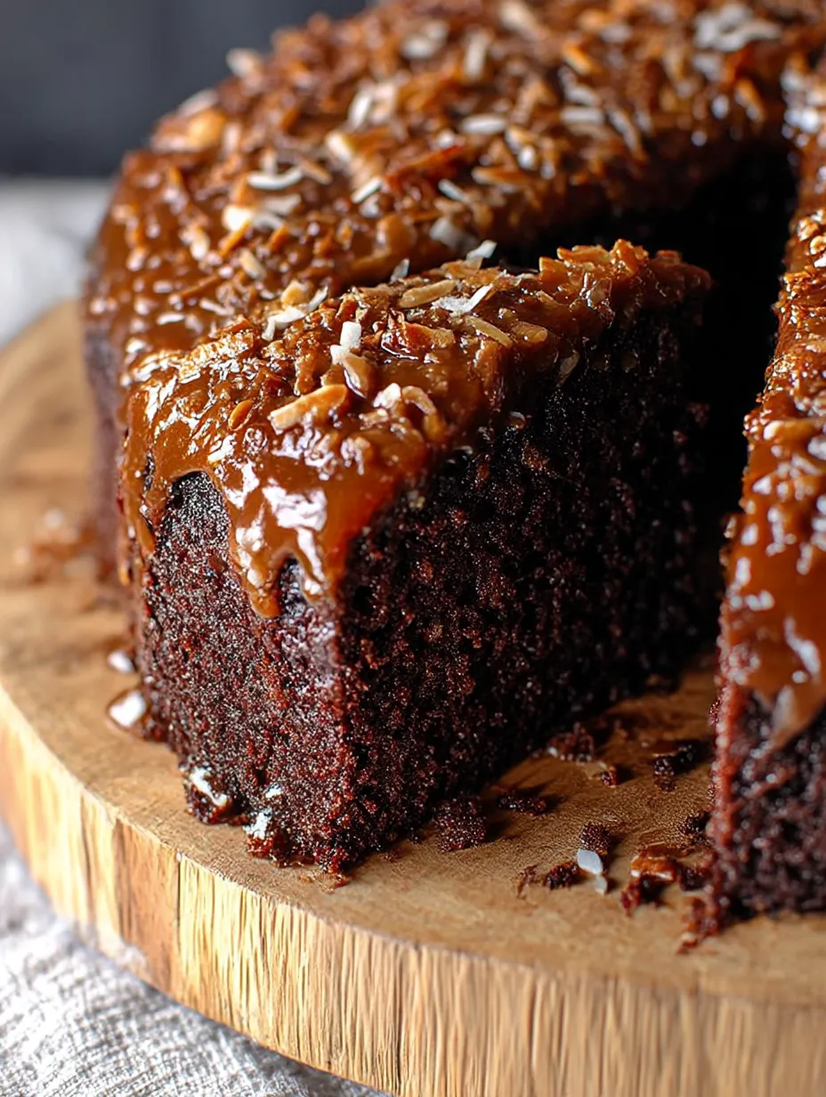 A slice of Coconut Caramel Chocolate Upside Down Cake.