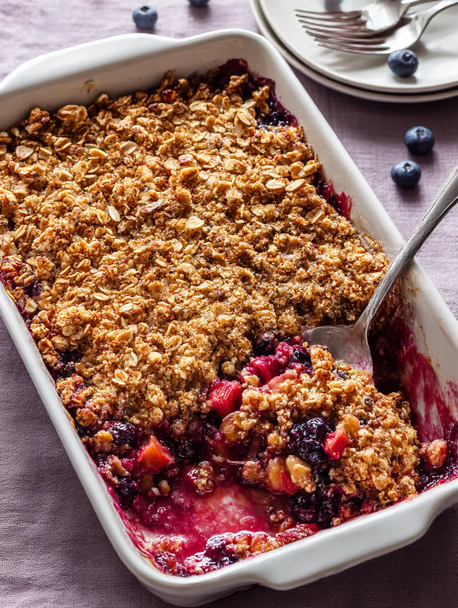 A bowl Blueberry Rhubarb Crisp.
