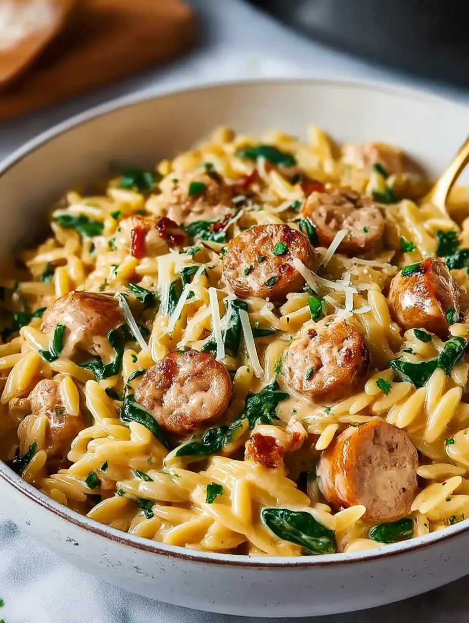 A bowl of Creamy Chicken Sausage Orzo.