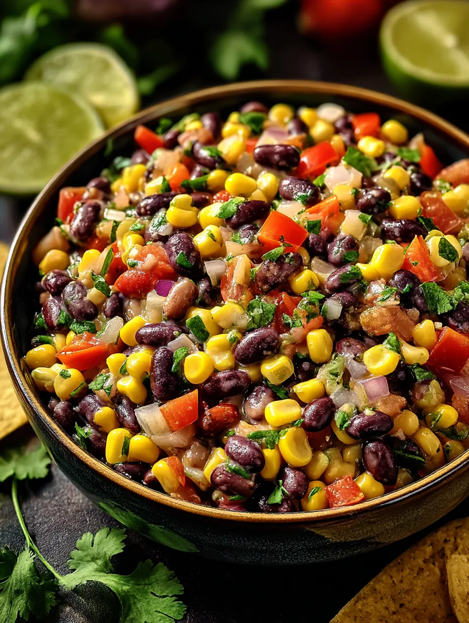 A bowl of food with corn, beans, tomatoes, and lime.