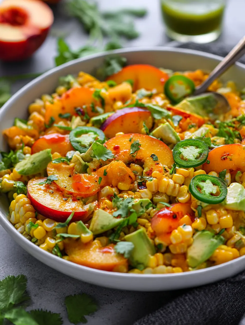A bowl of Corn Salad with Peaches.