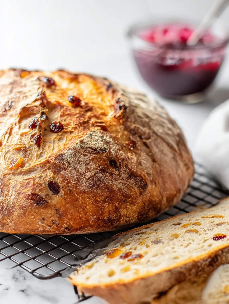 A loaf of bread with raisins on top.