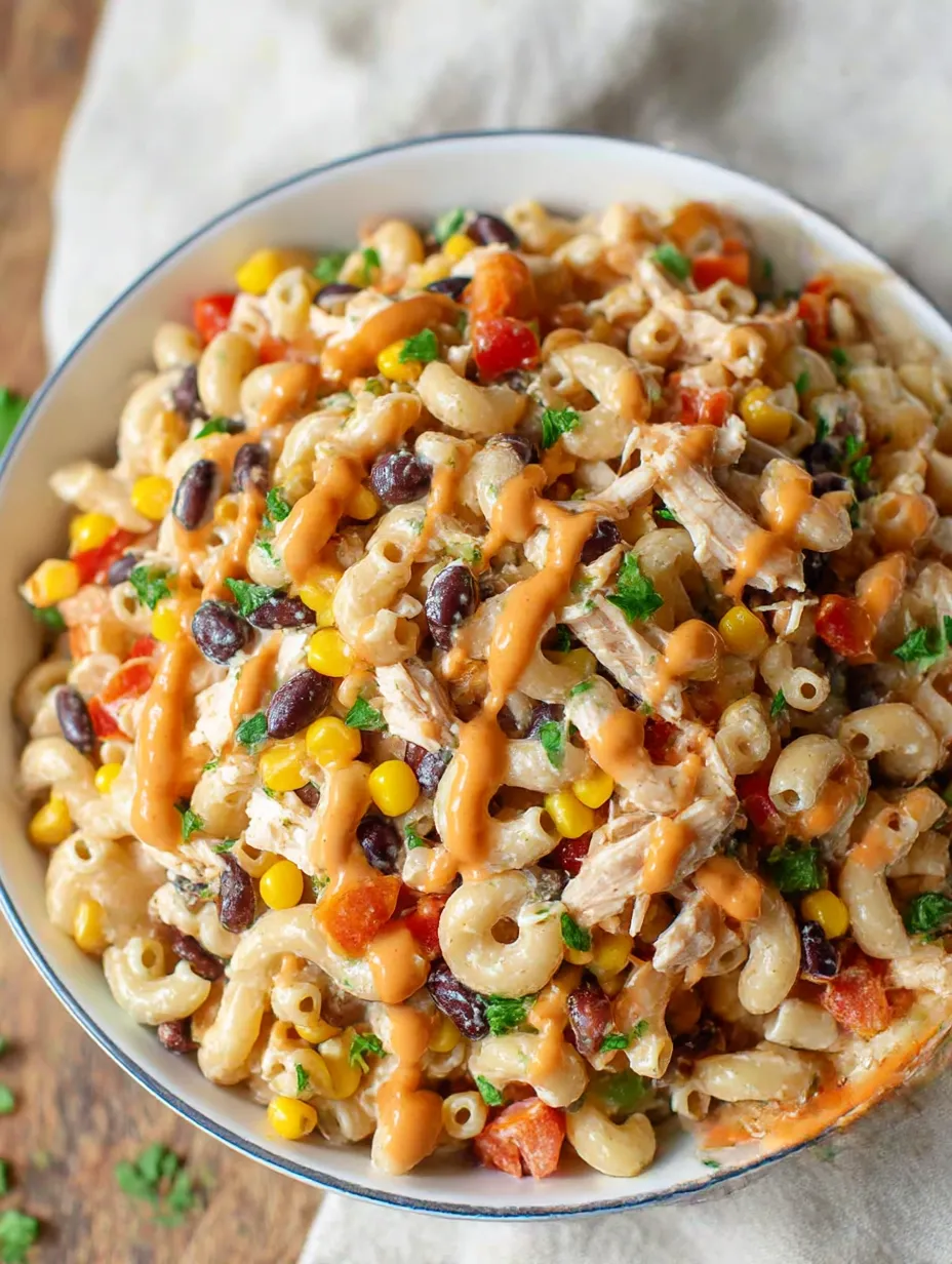 A bowl of BBQ Chicken Pasta Salad.