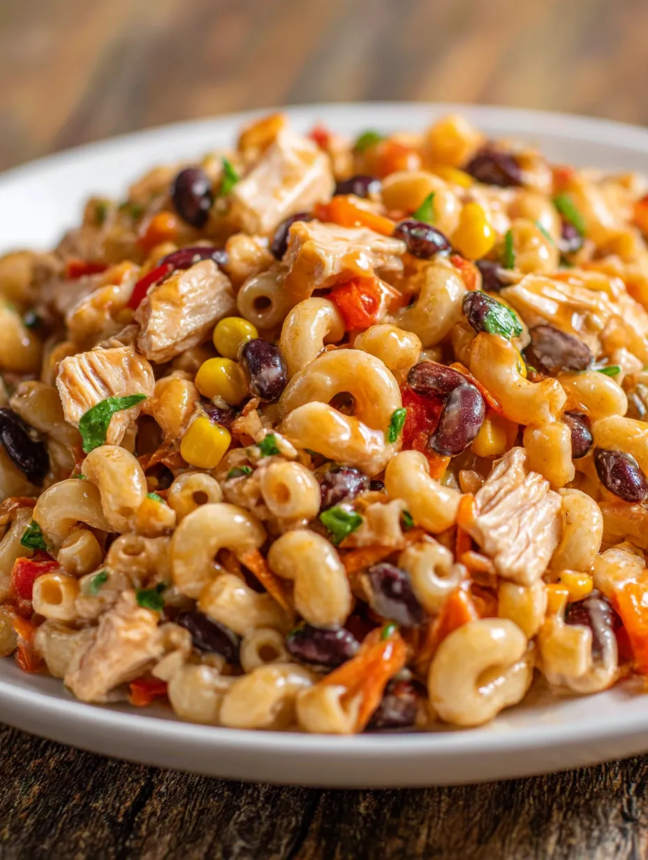 A plate BBQ Chicken Pasta Salad.