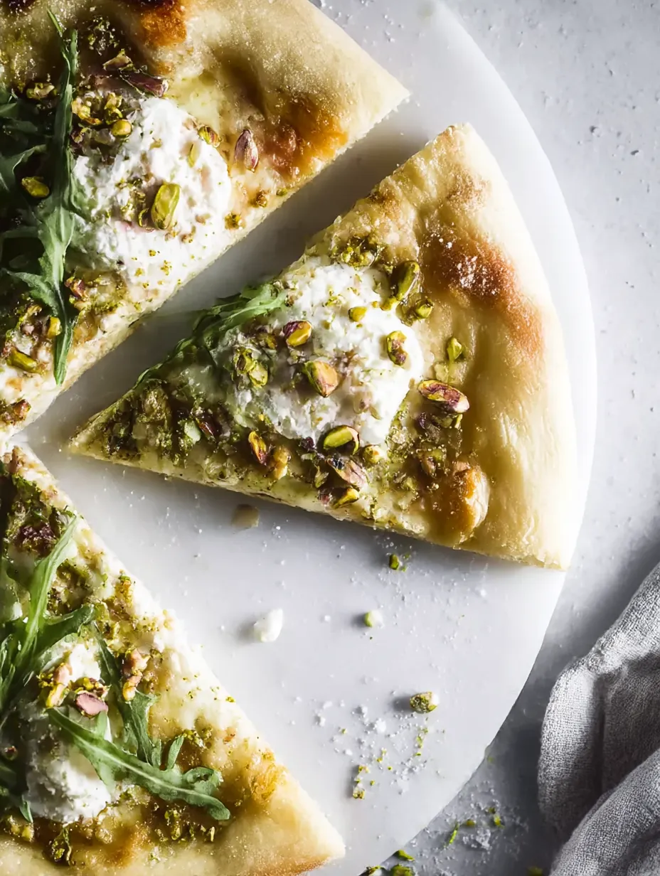 A slice of Burrata Pistachio White Pizza.