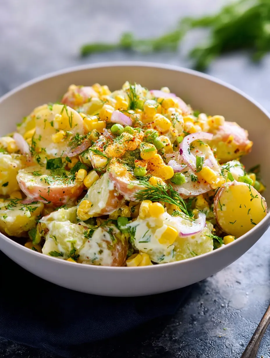 A bowl of French-Style Summer Potato Salad with Corn.