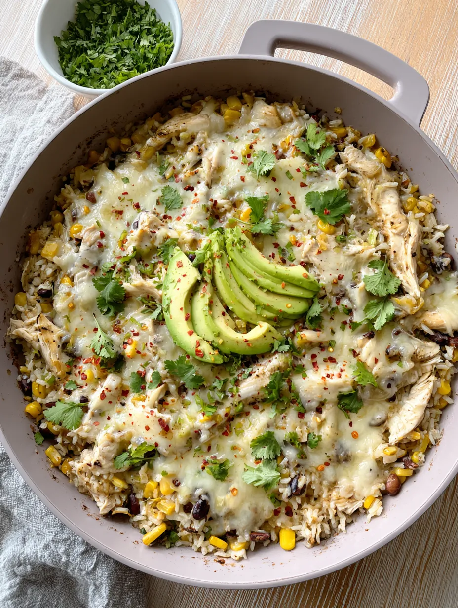 A bowl of Salsa Verde Chicken & Rice Skillet.