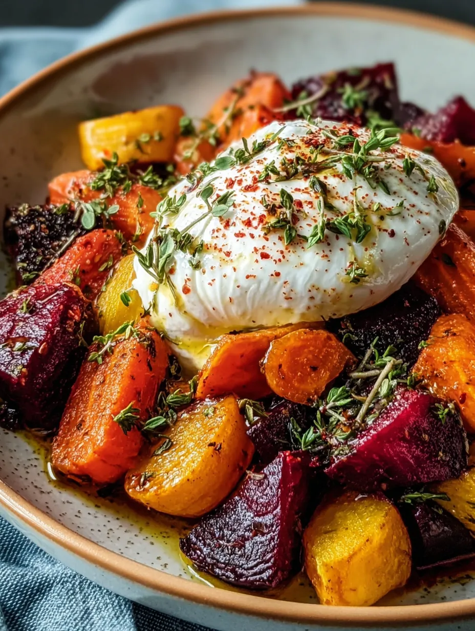 A bowl of Roasted Beets and Carrot Salad with Burrata.
