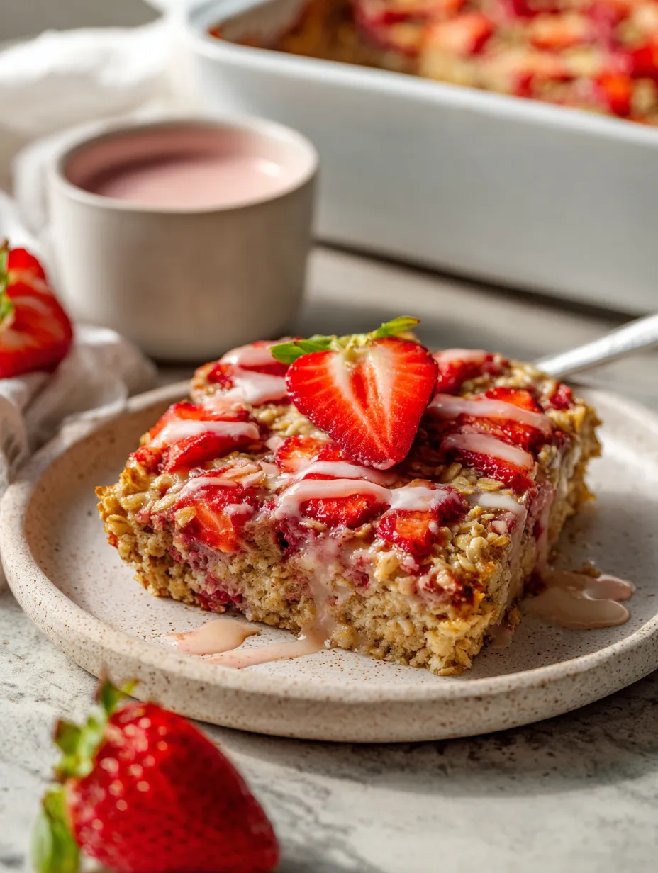 A slice of Brown Butter Strawberry Baked Oatmeal.