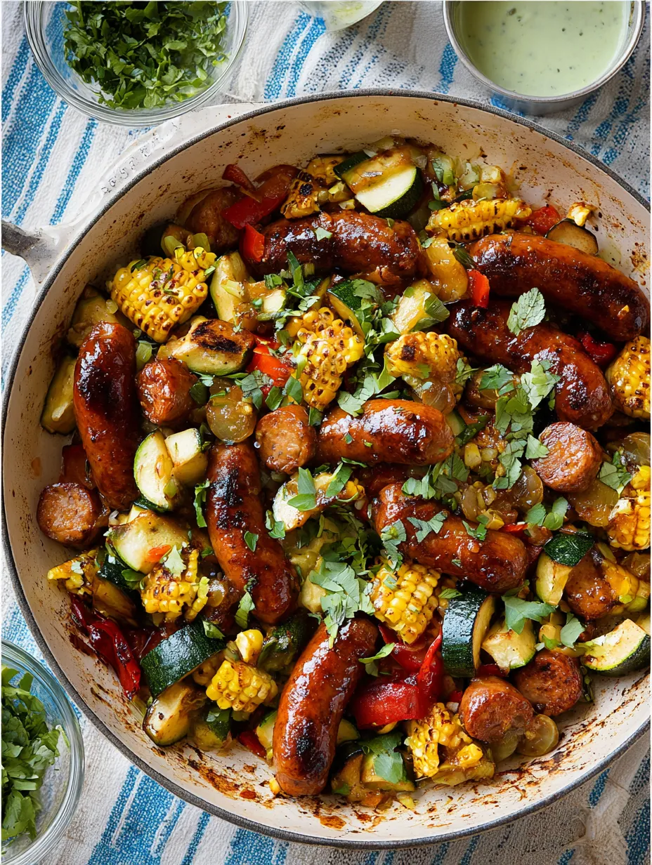 A bowl of food with sausage, corn, and zucchini.