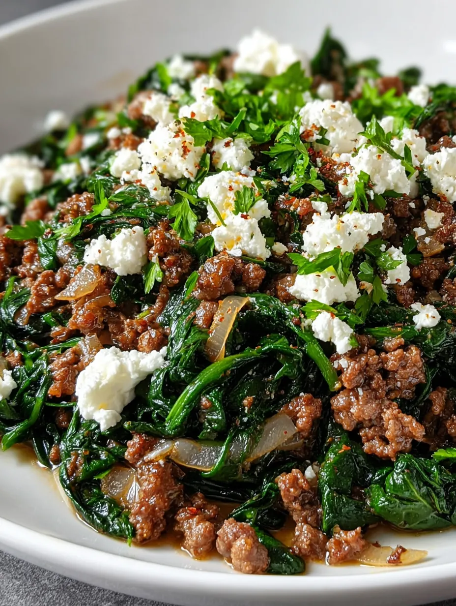 A plate of Ground Beef and Spinach Skillet with Feta.
