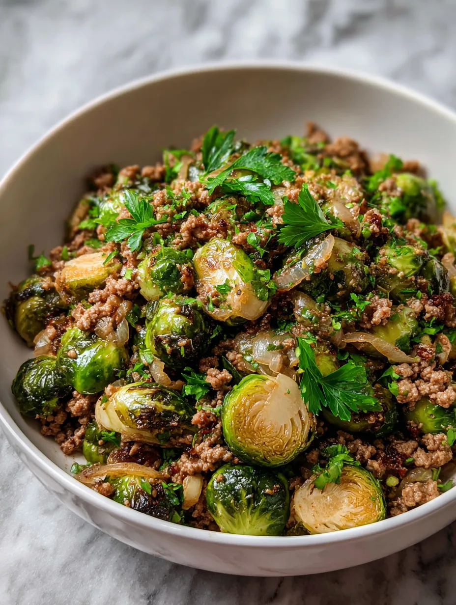 A bowl of Brussels Sprouts Ground Turkey Skillet.