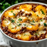 A baked dish featuring layers of seasoned ground beef topped with golden, sliced potatoes and melted cheese, garnished with chopped parsley.