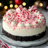 A festive cheesecake topped with whipped cream, crushed peppermint, and mini candy canes on a dark cookie crust.