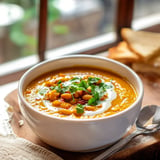 A bowl of creamy lentil soup topped with fresh cilantro sits on a wooden table, beside toasted bread and a spoon.