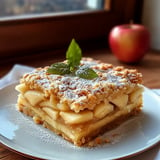 A slice of apple dessert with a crumbly topping, dusted with powdered sugar, and garnished with a mint leaf, next to a red apple.