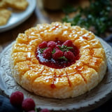 A circular pineapple dessert topped with raspberry sauce and fresh raspberries, served on an ornate dish.