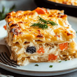 A slice of creamy vegetable lasagna topped with golden cheese and garnished with a sprig of dill on a white plate.