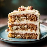 A slice of layered cake with cream frosting and topped with pecans, served on a blue plate.