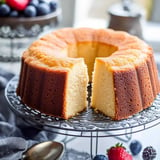 A sliced bundt cake sits on a decorative stand, surrounded by fresh berries.