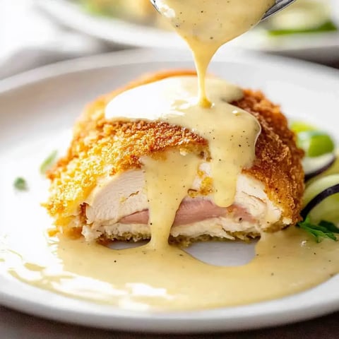 A crispy breaded chicken dish is drizzled with creamy sauce, revealing layers of chicken inside.