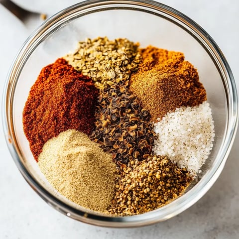 A glass bowl filled with a variety of colorful spices and seasonings, including red chili powder, oregano, and salt.