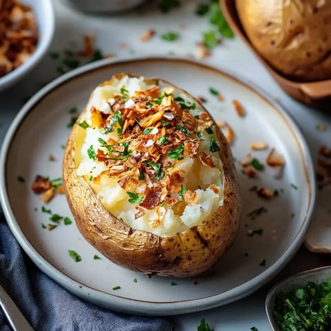 A baked potato topped with chopped green herbs and crispy onions sits on a plate.