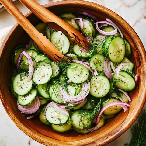 A wooden bowl filled with sliced cucumbers, red onions, and fresh dill, garnished with black pepper.