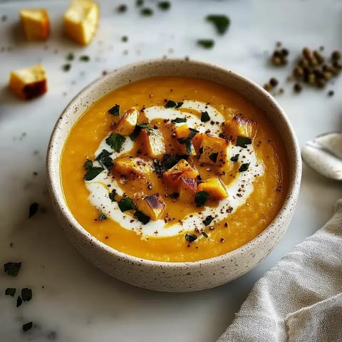 A bowl of vibrant orange soup topped with roasted vegetable chunks, a swirl of cream, and garnished with herbs on a marble surface.