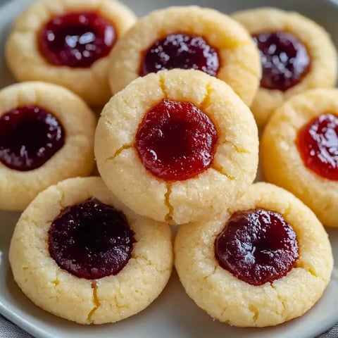 A plate of cookie-like treats topped with a glossy red jam filling.