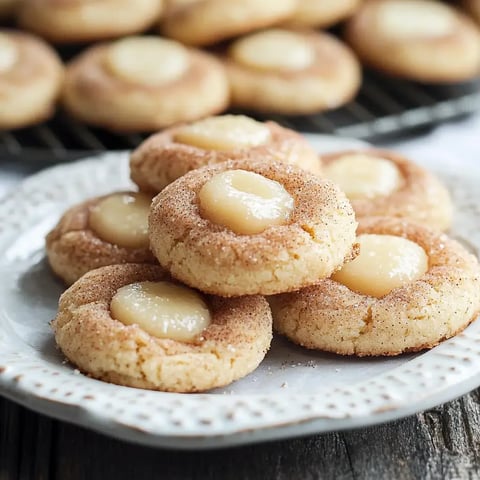 A plate of cinnamon-sugar cookies topped with a glossy dollop of sweet filling.