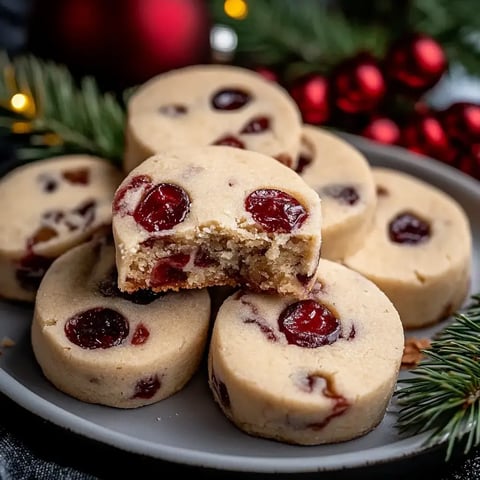 A plate of sliced cookies featuring red cranberries nestled in a buttery, soft dough, with festive decorations in the background.