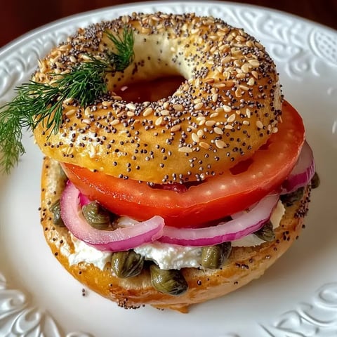 A sesame and poppy seed bagel filled with cream cheese, capers, tomato slices, red onions, and garnished with a sprig of dill.