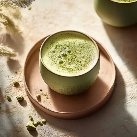 A close-up view of a frothy green beverage in a textured cup, placed on a circular dish with matcha powder scattered around it.