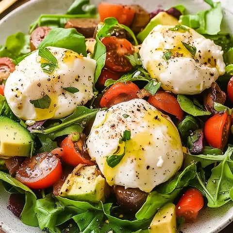 A vibrant salad featuring fresh greens, cherry tomatoes, avocado, olives, and three poached eggs drizzled with olive oil and sprinkled with black pepper and herbs.