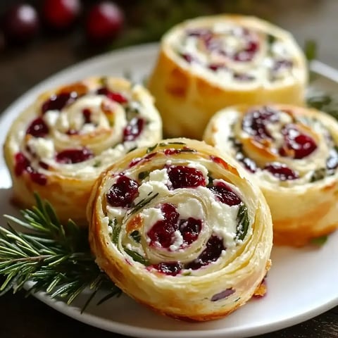 A plate of spiral pastries filled with cream cheese, dried cranberries, and herbs, garnished with sprigs of rosemary.