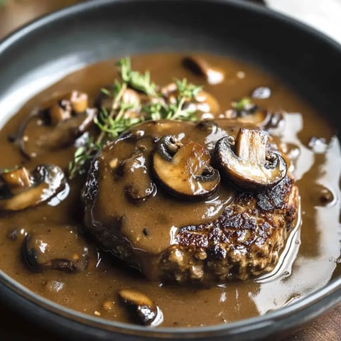 A close-up view of a savory beef patty topped with mushrooms and a rich brown gravy, garnished with fresh thyme, served in a black bowl.