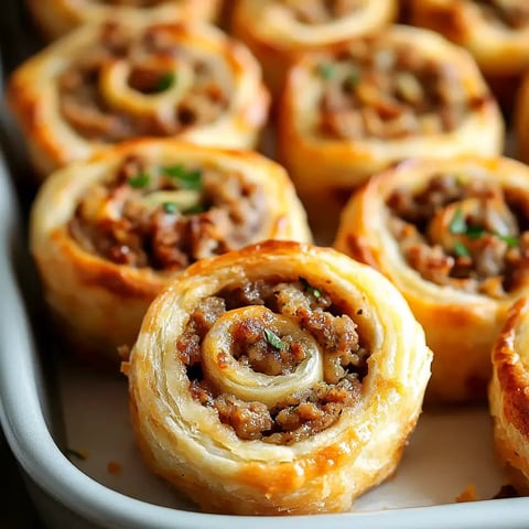 A close-up image of golden-brown pastry rolls filled with seasoned meat, arranged neatly in a baking dish.