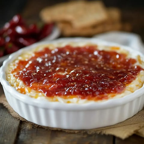 A white dish filled with creamy cheese topped with a glossy red jelly, accompanied by a plate of red peppers and some crackers in the background.