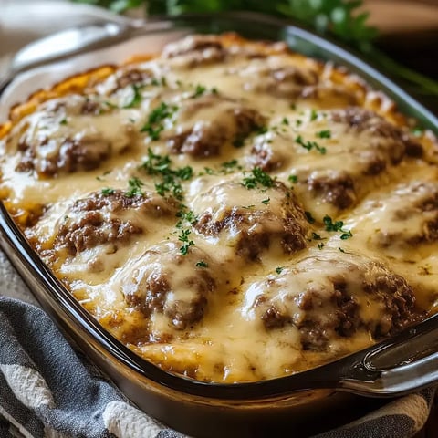 A close-up view of a baked casserole dish featuring meatballs covered in melted cheese and garnished with parsley.