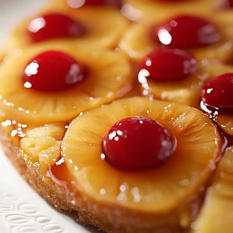 A close-up of a pineapples upside-down cake topped with maraschino cherries and a glossy glaze.